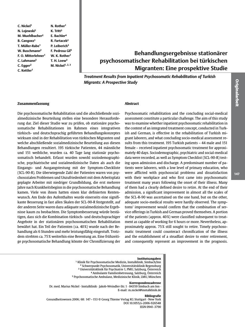 Vorschauseite 1: Behandlungsergebnisse stationärer psychosomatischer Rehabilitation bei türkischen Migranten: Eine prospektive Studie
