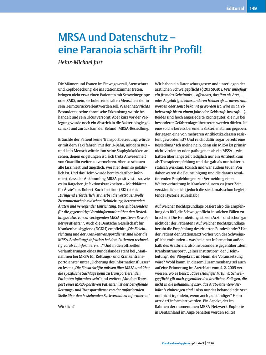 Vorschauseite 1: MRSA und Datenschutz – eine Paranoia schärft ihr Profil!