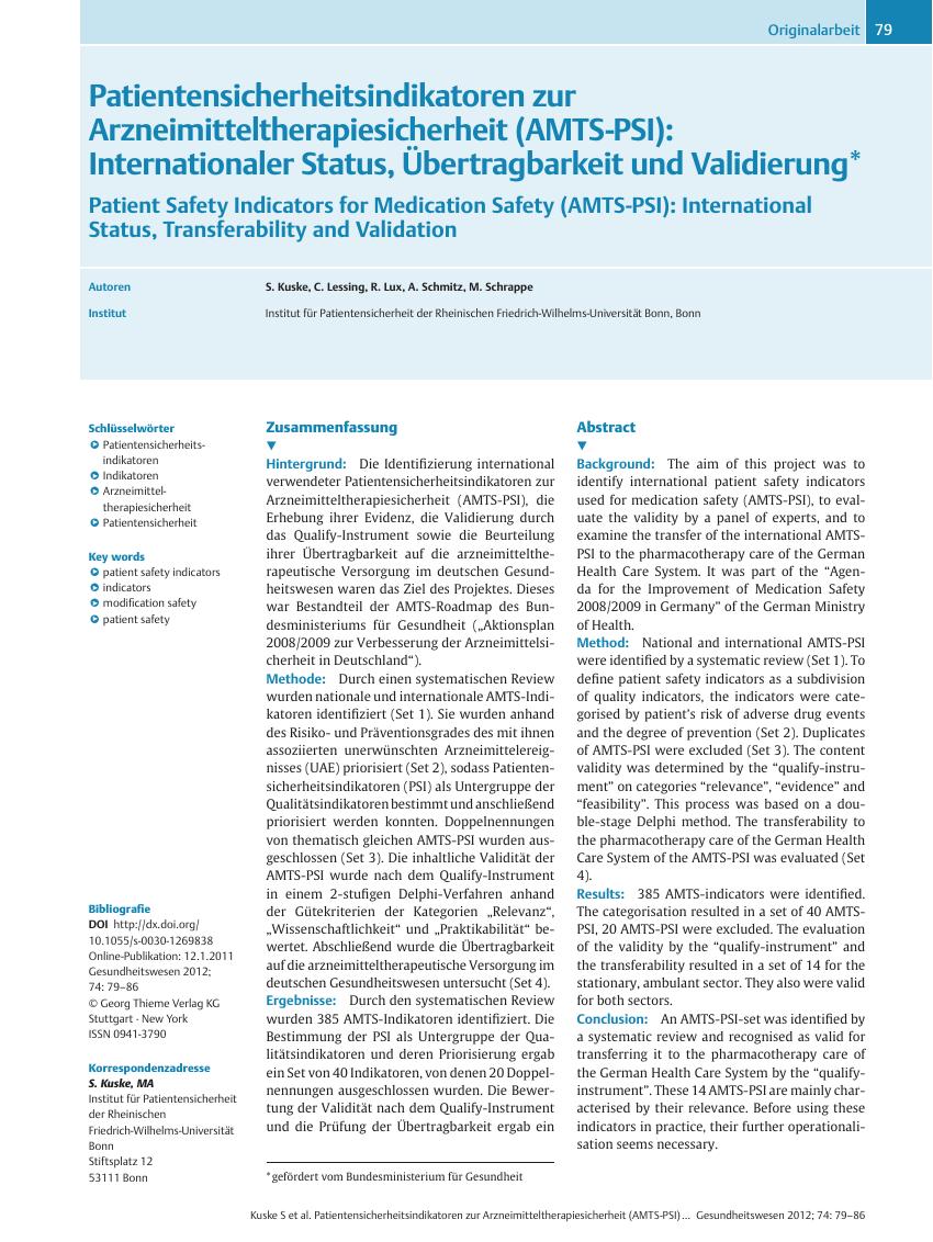 Vorschauseite 1: Patientensicherheitsindikatoren zur Arzneimitteltherapiesicherheit (AMTS-PSI): Internationaler Status, Übertragbarkeit und Validierung