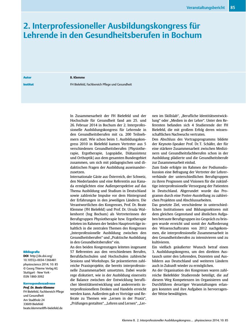 Vorschauseite 1: 2. Interprofessioneller Ausbildungskongress für Lehrende in den Gesundheitsberufen in Bochum