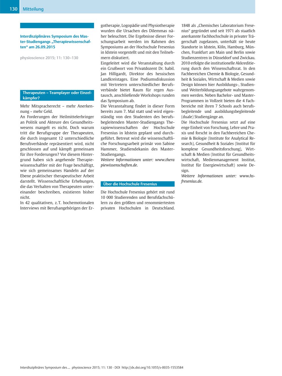 Vorschauseite 1: Interdisziplinäres Symposium des Master-Studiengangs ?Therapiewissenschaften? am 26.09.2015