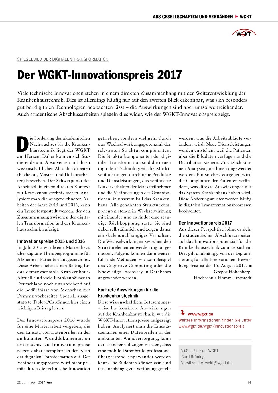 Vorschauseite 1: Spiegelbild der digitalen Transformation: Der WGKT-Innovationspreis 2017