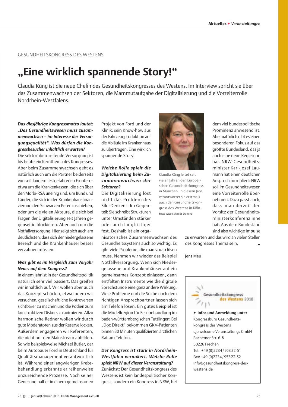 Vorschauseite 1: Gesundheitskongress des Westens: „Eine wirklich spannende Story!“