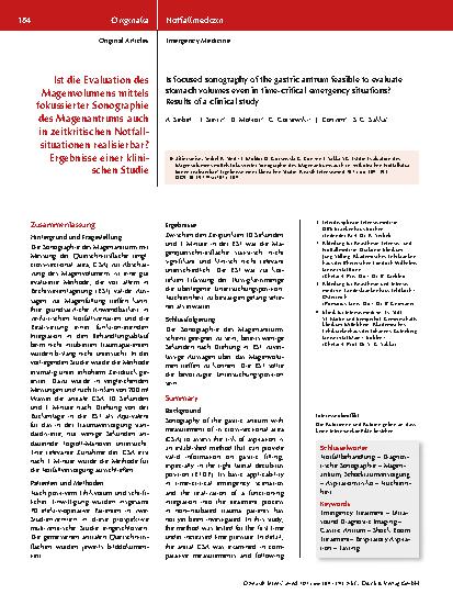Vorschauseite 1: Ist die Evaluation des Magenvolumens mittels fokussierter Sonographie des Magenantrums auch in zeitkritischen Notfallsituationen realisierbar? Ergebnisse einer klinischen Studie