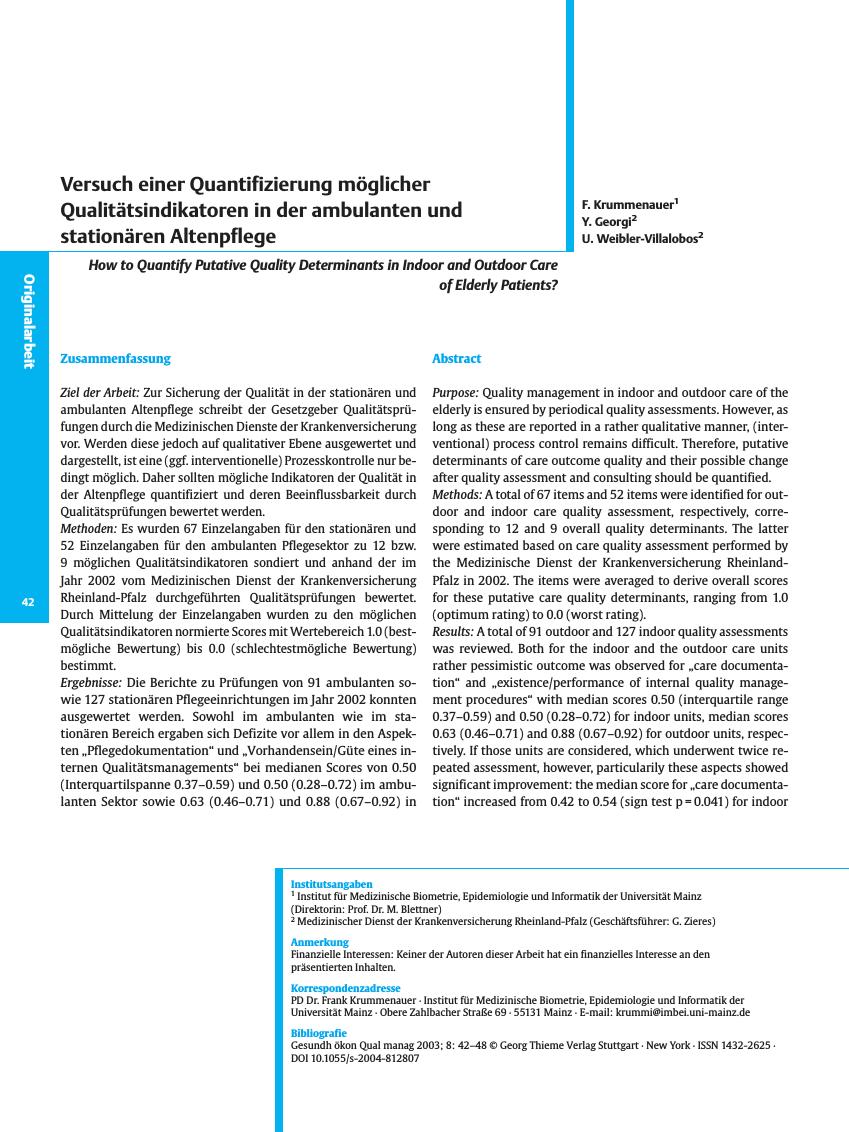 Vorschauseite 1: Versuch einer Quantifizierung möglicher Qualitätsindikatoren in der ambulanten und stationären Altenpflege