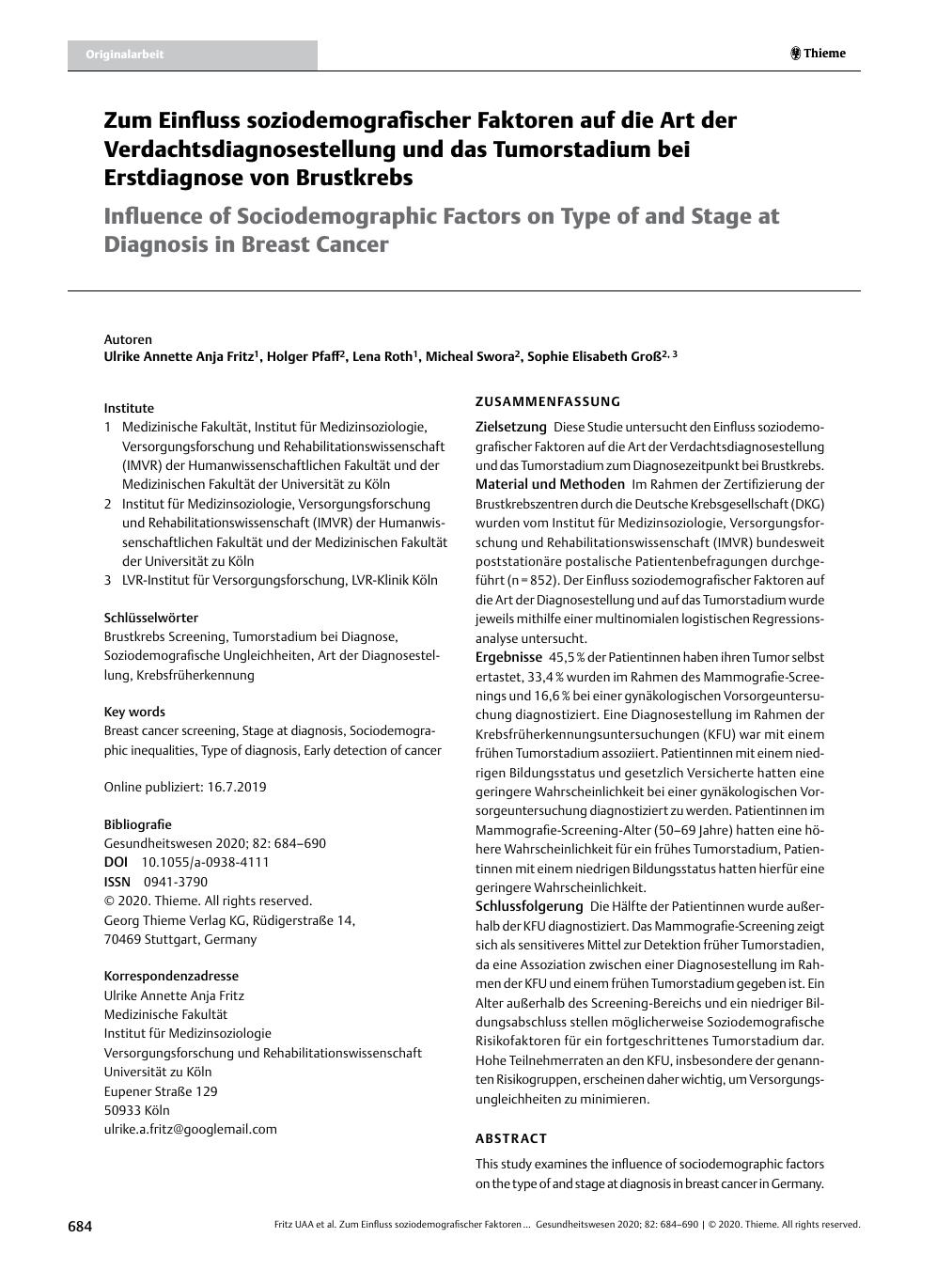 Vorschauseite 1: Zum Einfluss soziodemografischer Faktoren auf die Art der Verdachtsdiagnosestellung und das Tumorstadium bei Erstdiagnose von Brustkrebs