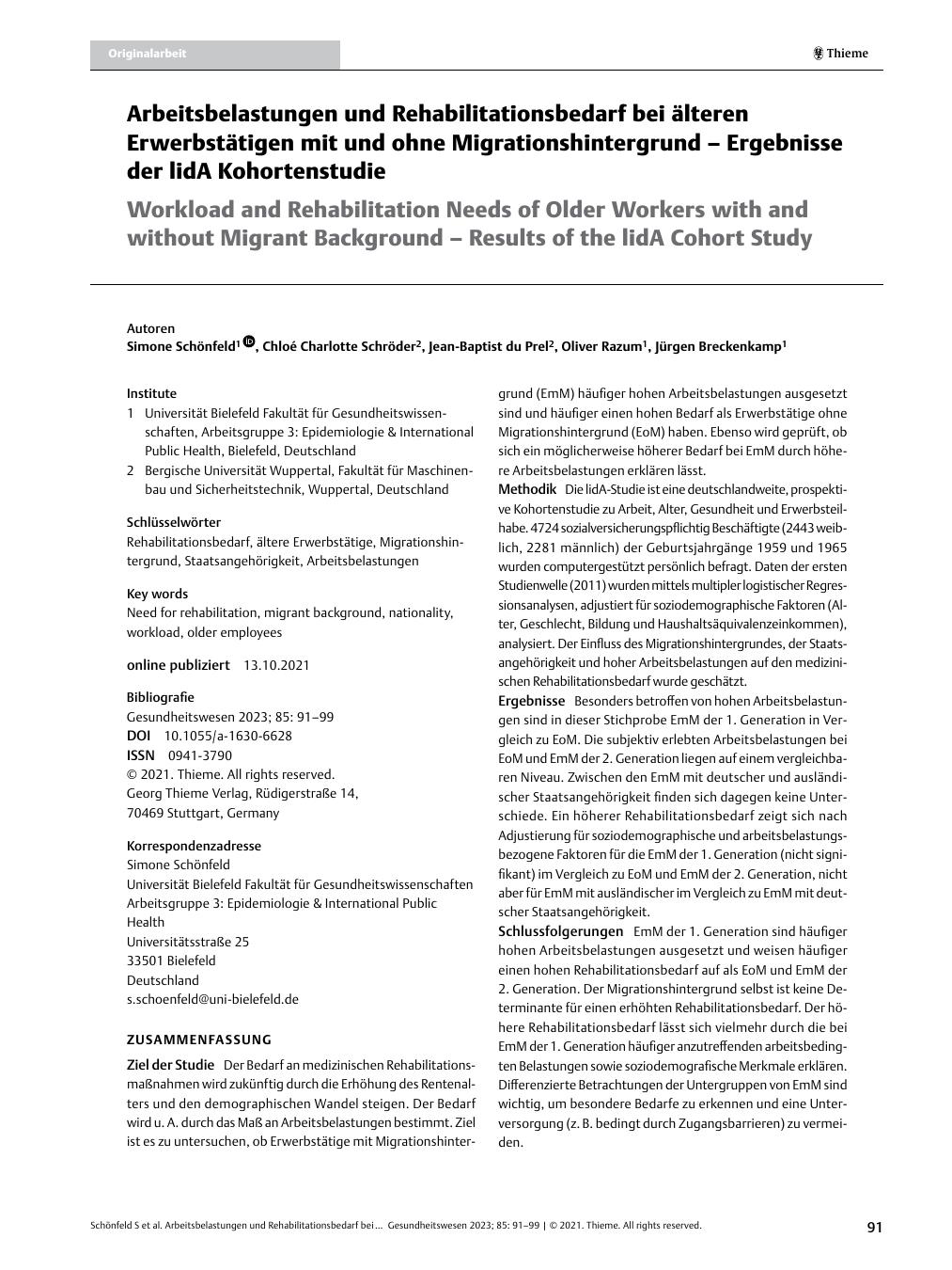 Vorschauseite 1: Arbeitsbelastungen und Rehabilitationsbedarf bei älteren Erwerbstätigen mit und ohne Migrationshintergrund – Ergebnisse der lidA Kohortenstudie