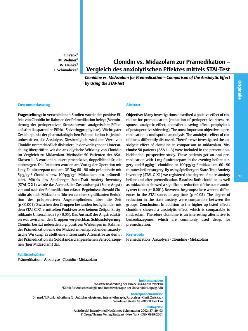 Vorschauseite 1: Clonidin vs. Midazolam zur Prämedikation - Vergleich des anxiolytischen Effektes mittels STAI-Test