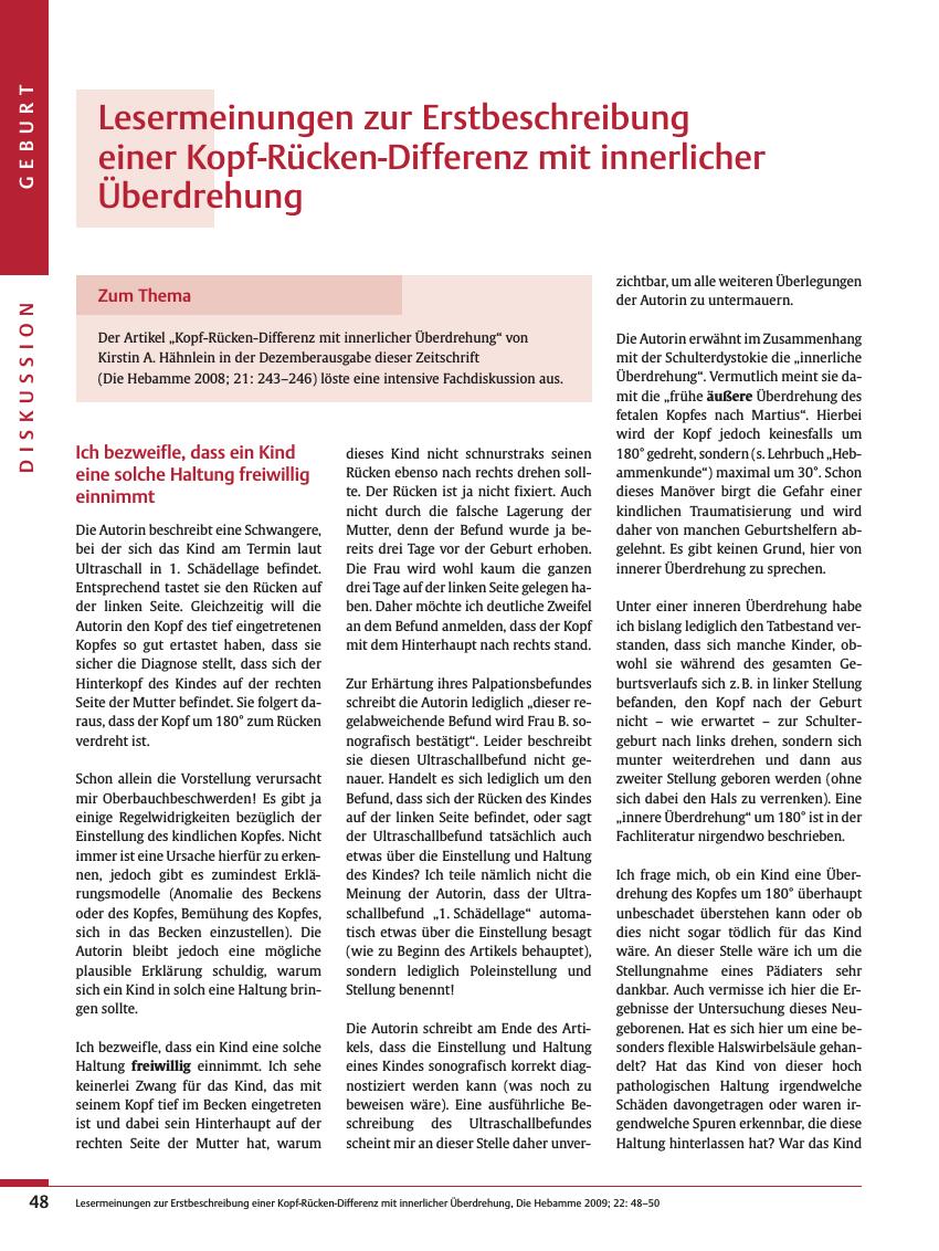 Vorschauseite 1: Lesermeinungen zur Erstbeschreibung einer Kopf-Rücken-Differenz mit innerlicher Überdrehung