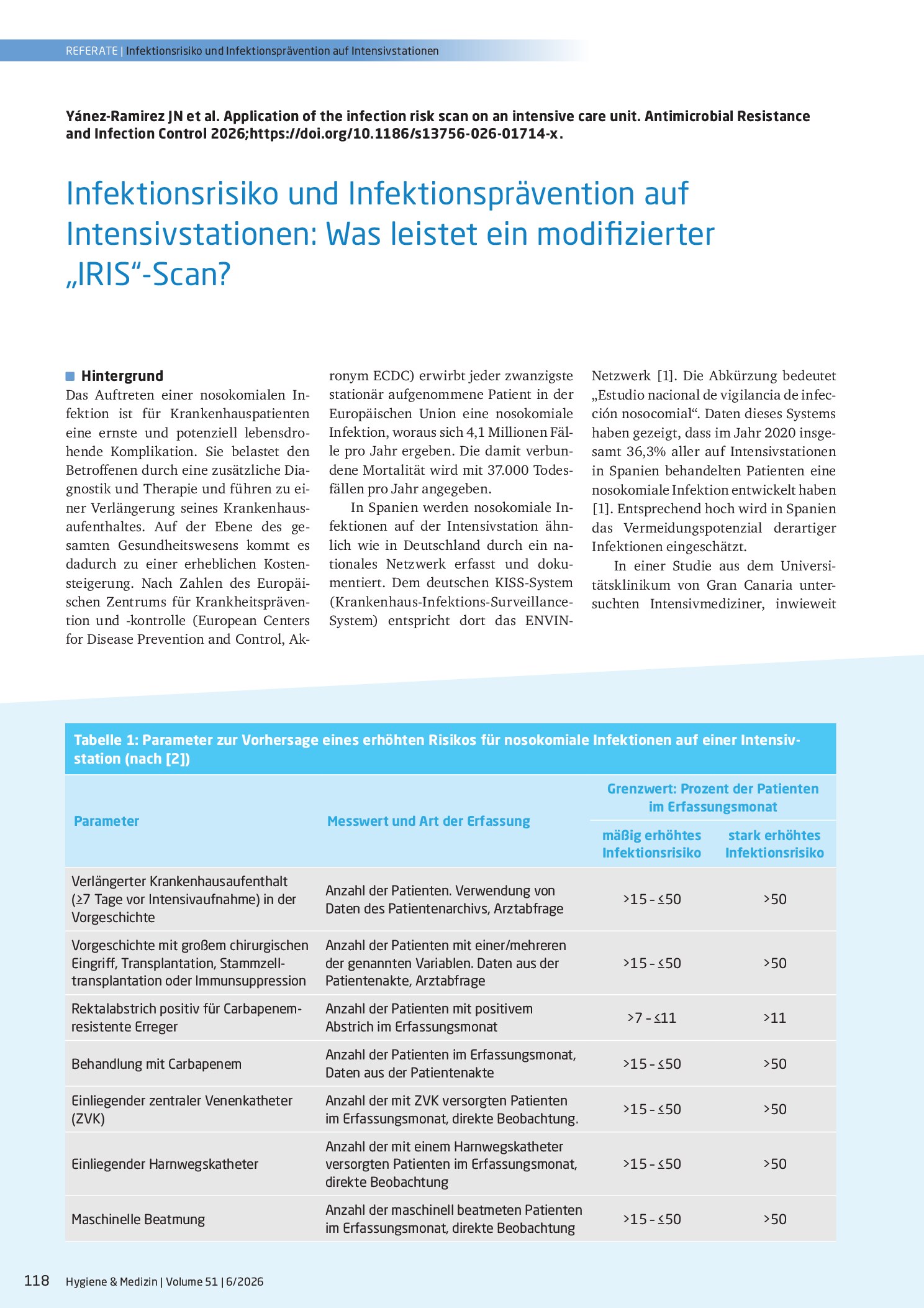 Vorschauseite 1: Infektionsrisiko und Infektionsprävention auf Intensivstationen: Was leistet ein modifizierter „IRIS“-Scan?
