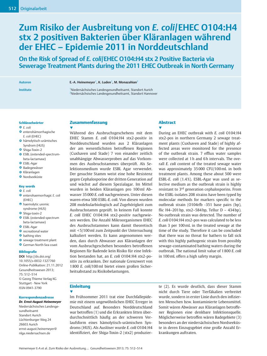 Vorschauseite 1: Zum Risiko der Ausbreitung von E. coli/EHEC O104: H4 stx 2 positiven Bakterien über Kläranlagen während der EHEC? Epidemie 2011 in Norddeutschland