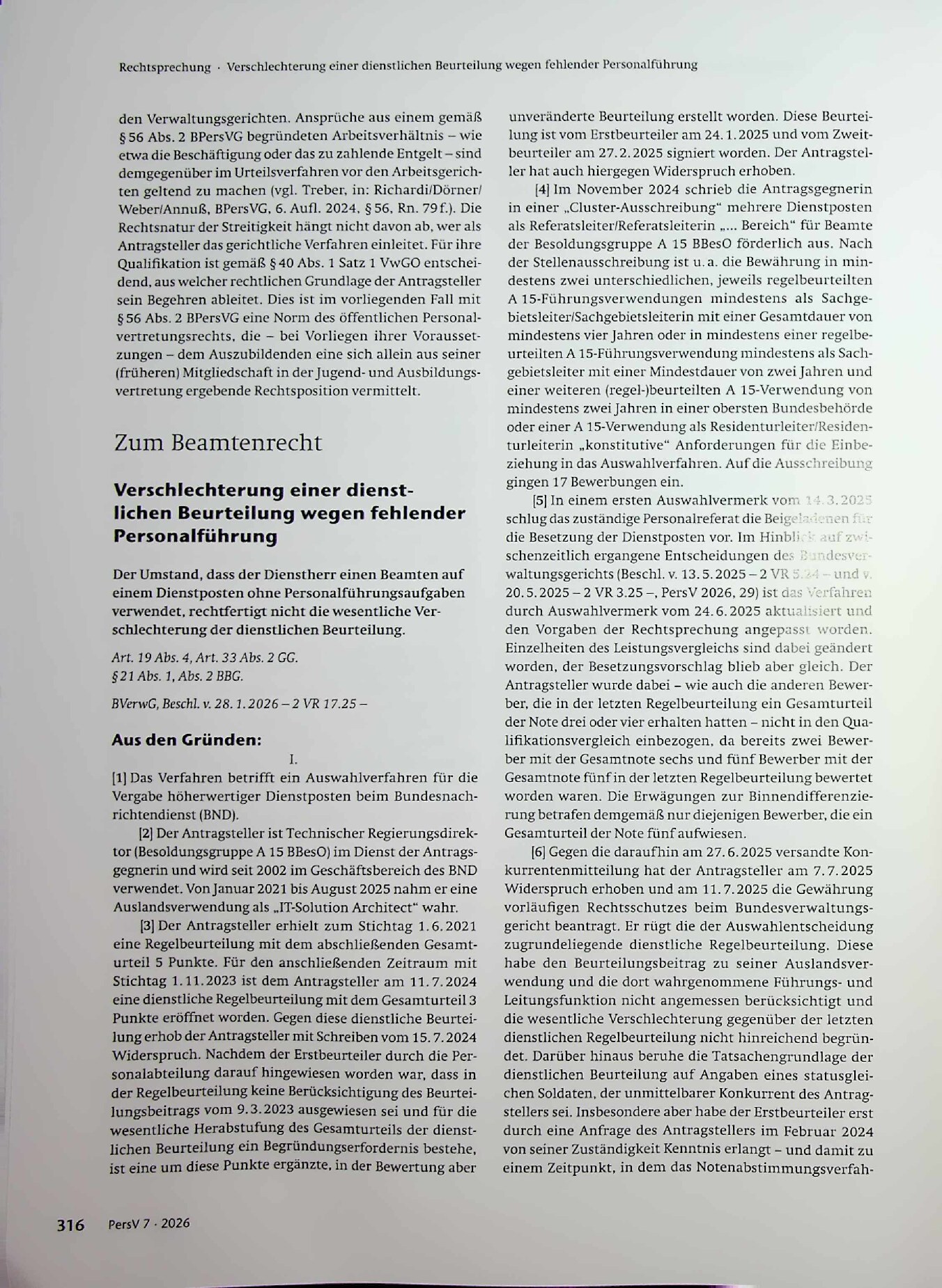 Vorschauseite 1: Verschlechterung einer dienstlichen Beurteilung wegen fehlender Personalführung