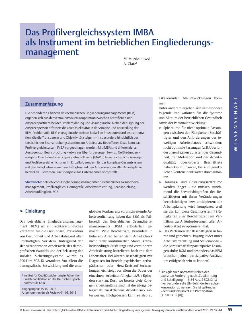 Vorschauseite 1: Das Profilvergleichssystem IMBA als Instrument im betrieblichen Eingliederungsmanagement