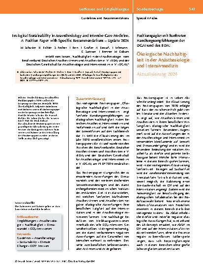 Vorschauseite 1: Ökologische Nachhaltigkeit in der Anästhesiologie und Intensivmedizin