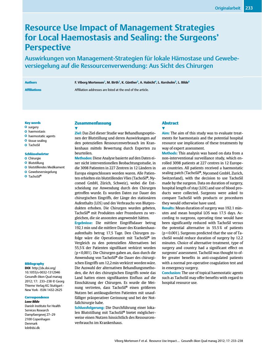 Vorschauseite 1: Resource Use Impact of Management Strategies for Local Haemostasis and Sealing: the Surgeons’ Perspective