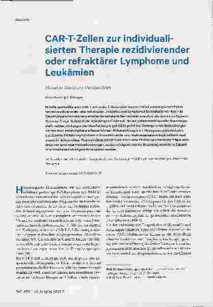 Vorschauseite 1: CAR-T-Zellen zur individualisierten Therapie rezidivierender oder refraktärer Lymphome und Leukämien. Aktueller Stand und Perspektiven