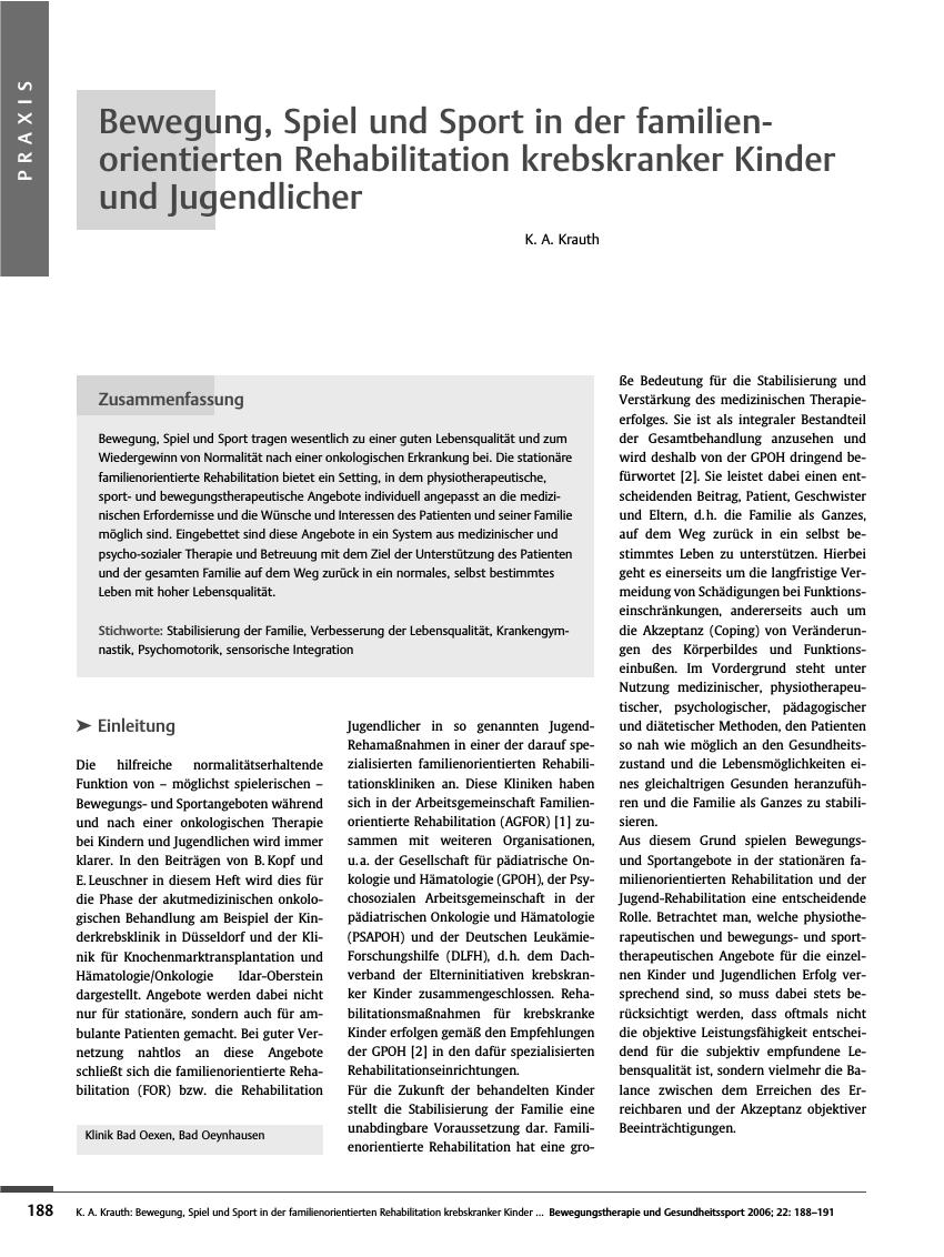 Vorschauseite 1: Bewegung, Spiel und Sport in der familienorientierten Rehabilitation krebskranker Kinder und Jugendlicher