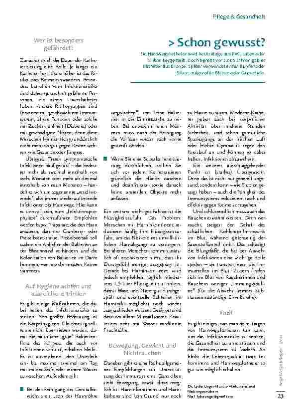 Vorschauseite 2: Harnwegskatheter-assoziierte Infektionen vermeiden: Hygiene, Trinken und Bewegung sind das A und O.