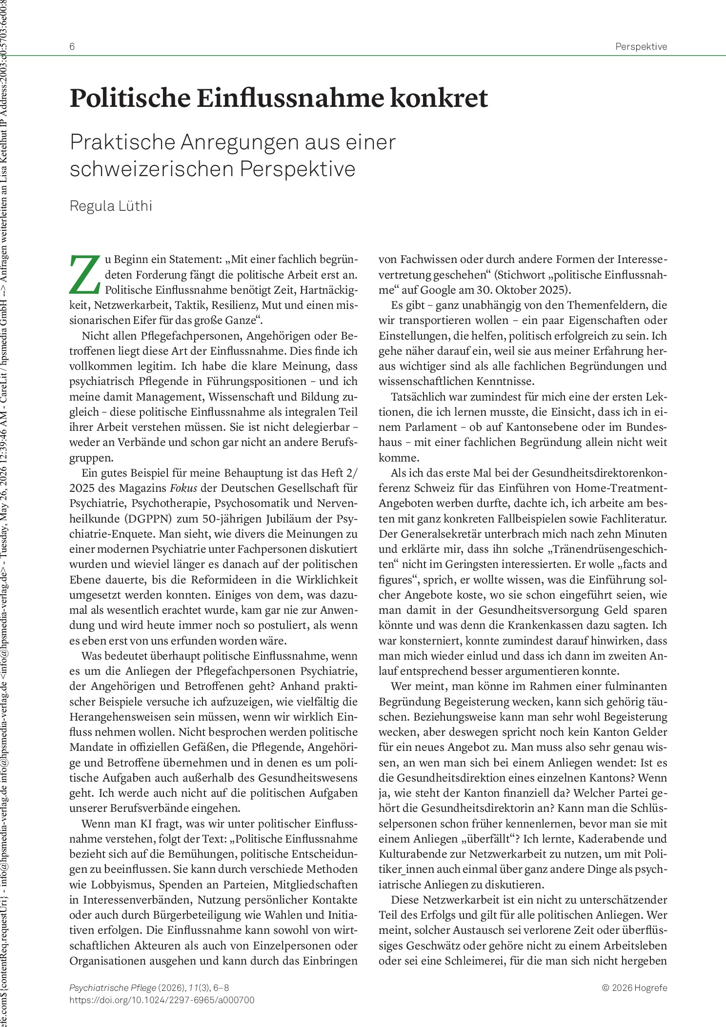 Vorschauseite 1: Politische Einflussnahme konkret. Praktische Anregungen aus einer schweizerischen Perspektive