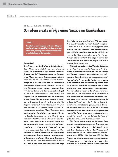 Vorschauseite 1: Schadensersatz infolge eines Suizids im Krankenhaus