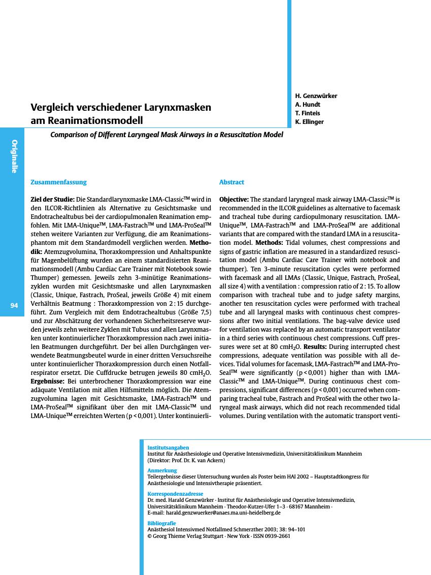 Vorschauseite 1: Vergleich verschiedener Larynxmasken am Reanimationsmodell