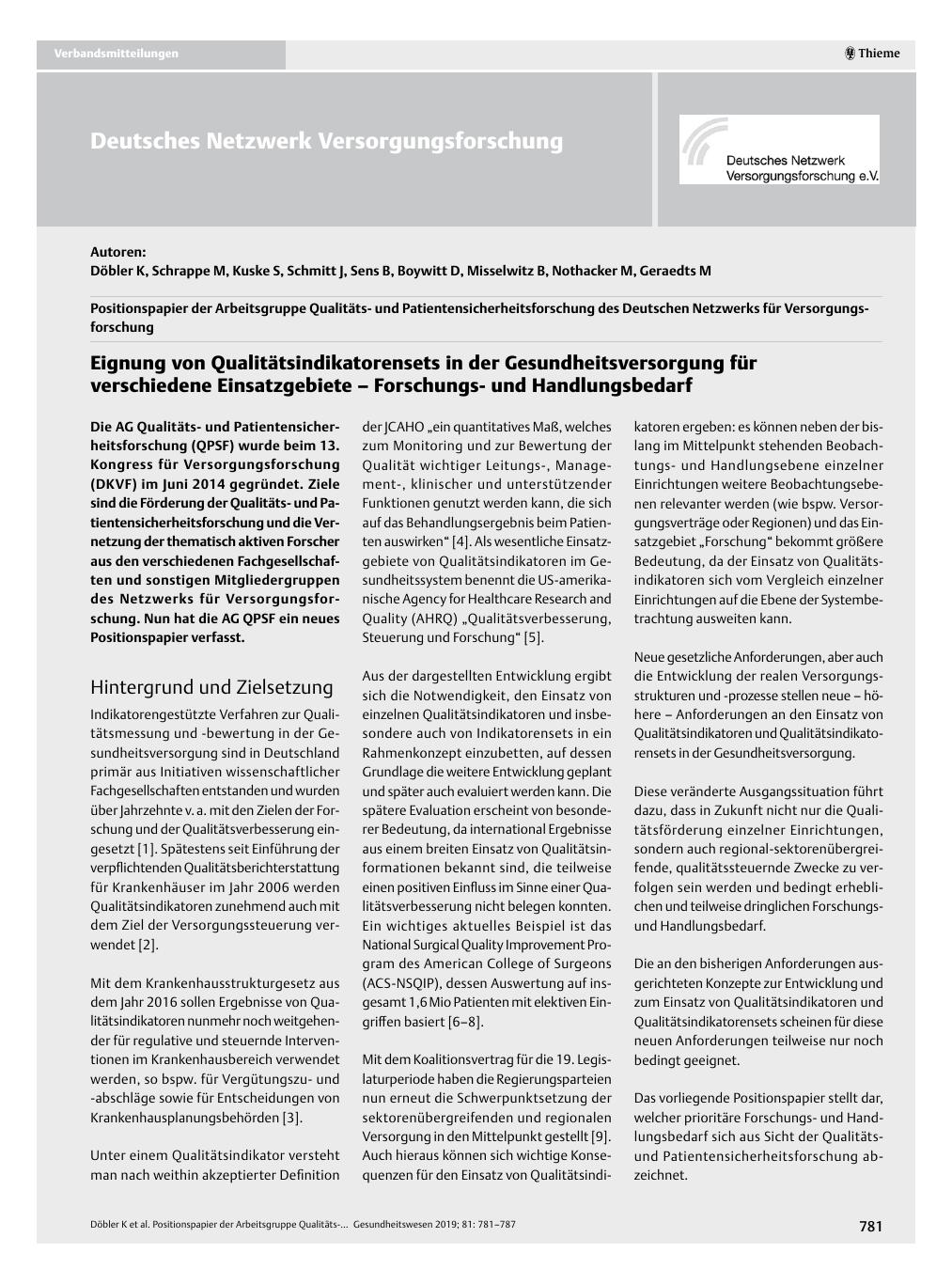 Vorschauseite 1: Eignung von Qualitätsindikatorensets in der Gesundheitsversorgung für verschiedene Einsatzgebiete – Forschungsund Handlungsbedarf