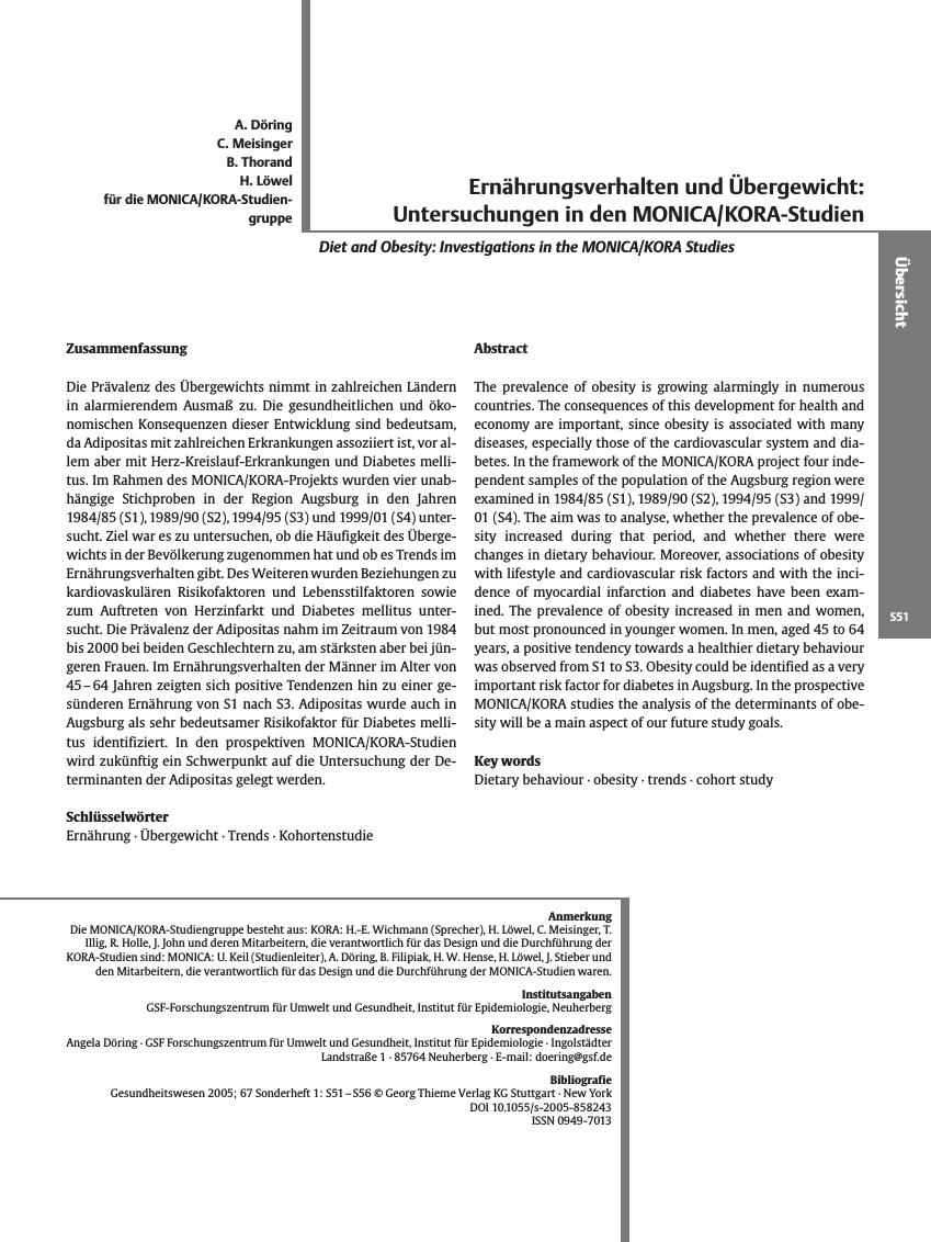 Vorschauseite 1: Ernährungsverhalten und Übergewicht: Untersuchungen in den MONICA/KORA-Studien