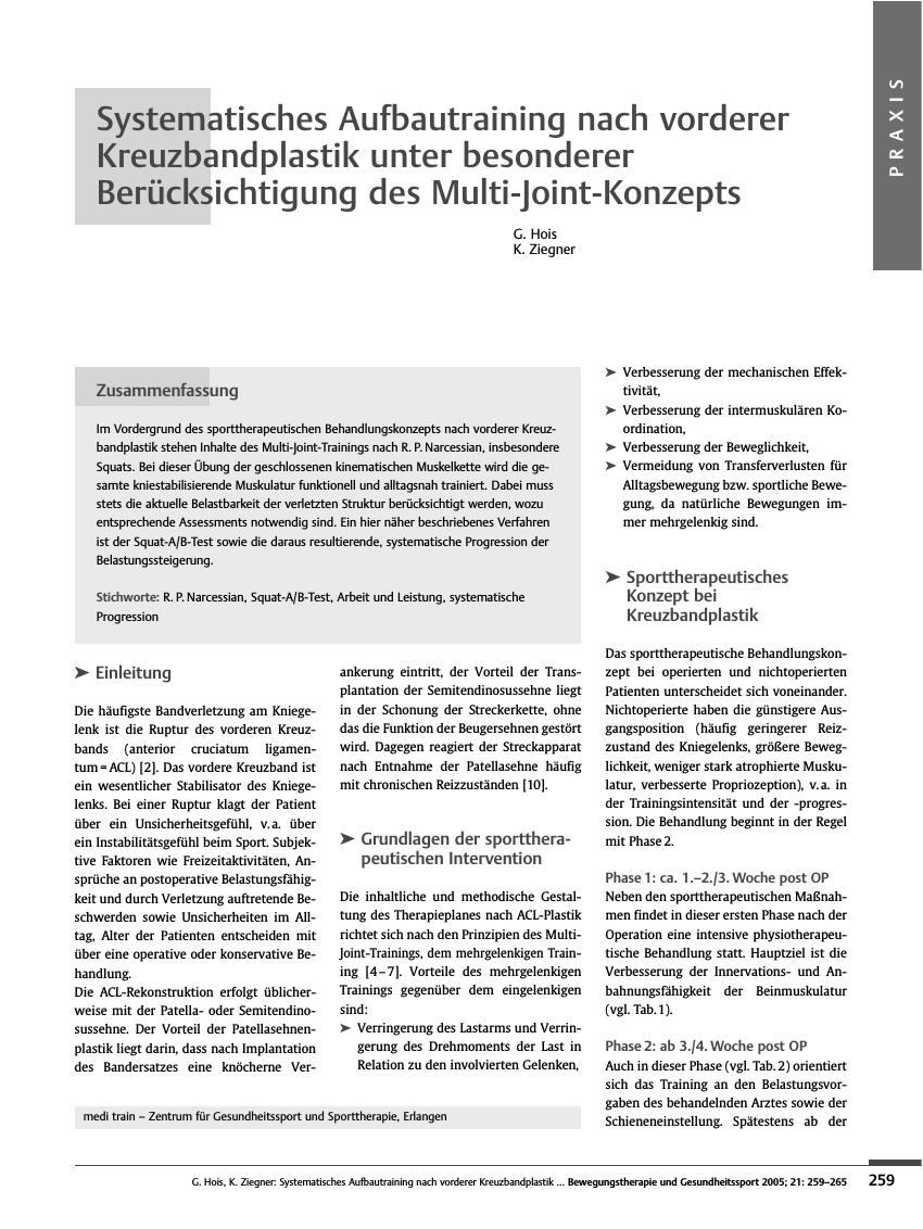 Vorschauseite 1: Systematisches Aufbautraining nach vorderer Kreuzbandplastik unter besonderer Berücksichtigung des Multi-Joint-Konzepts