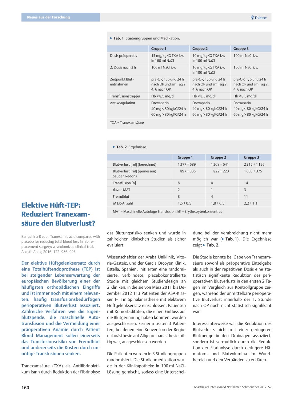Vorschauseite 1: Elektive Hüft-TEP: Reduziert Tranexamsäure den Blutverlust?