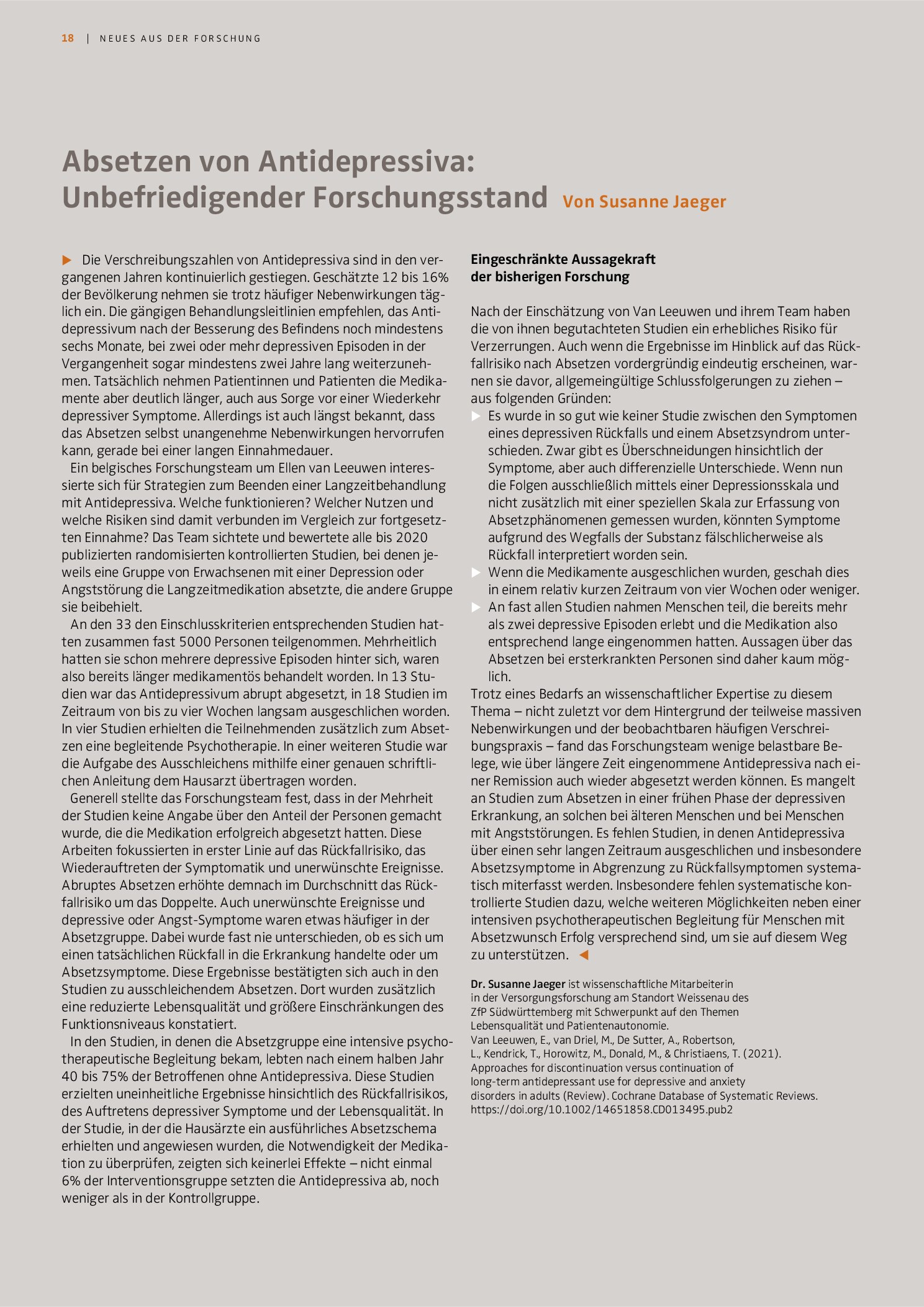 Vorschauseite 1: Absetzen von Antidepressiva: Unbefriedigender Forschungsstand
