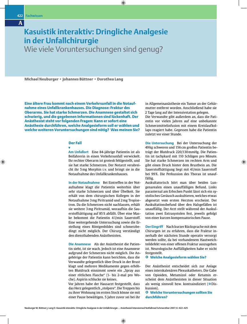 Vorschauseite 1: Dringliche Analgesie in der Unfallchirurgie - Wie viele Voruntersuchungen sind genug?
