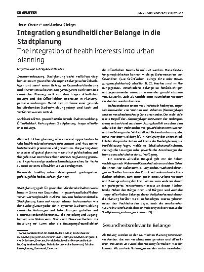 Vorschauseite 1: Integration gesundheitlicher Belange in die Stadtplanung