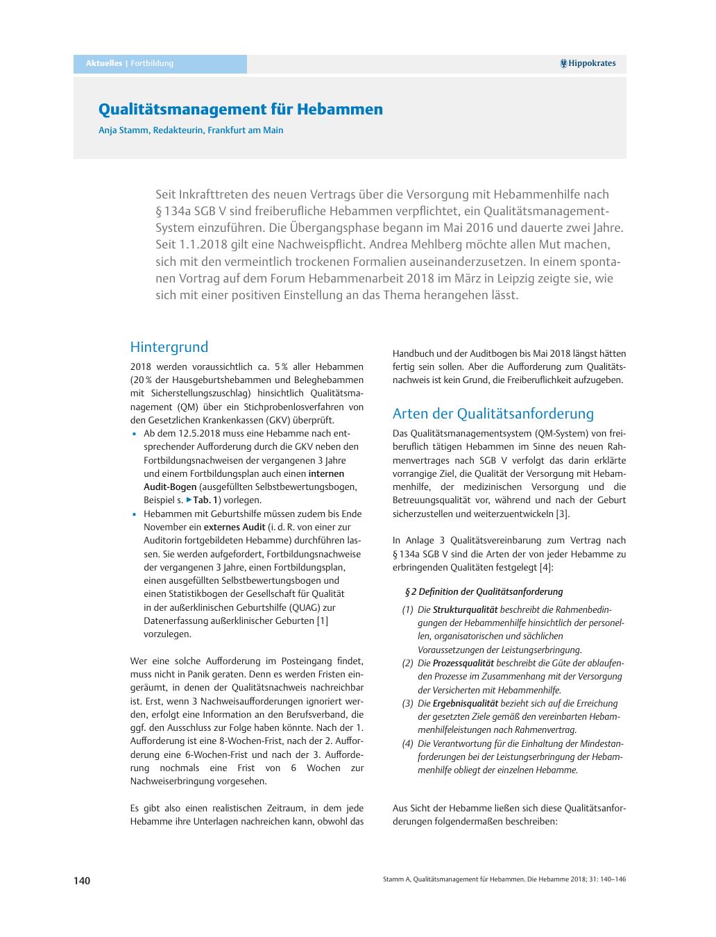 Vorschauseite 1: Qualitätsmanagement für Hebammen