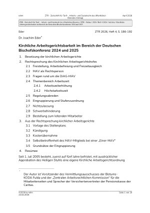 Vorschauseite 1: Kirchliche Arbeitsgerichtsbarkeit im Bereich der Deutschen Bischofskonferenz 2024 und 2025