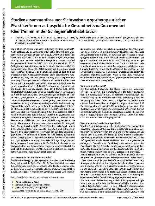Vorschauseite 1: Studienzusammenfassung: Sichtweisen ergotherapeutischer Praktiker*innen auf psychische Gesundheitsmaßnahmen bei Klient*innen in der Schlaganfallrehabilitation