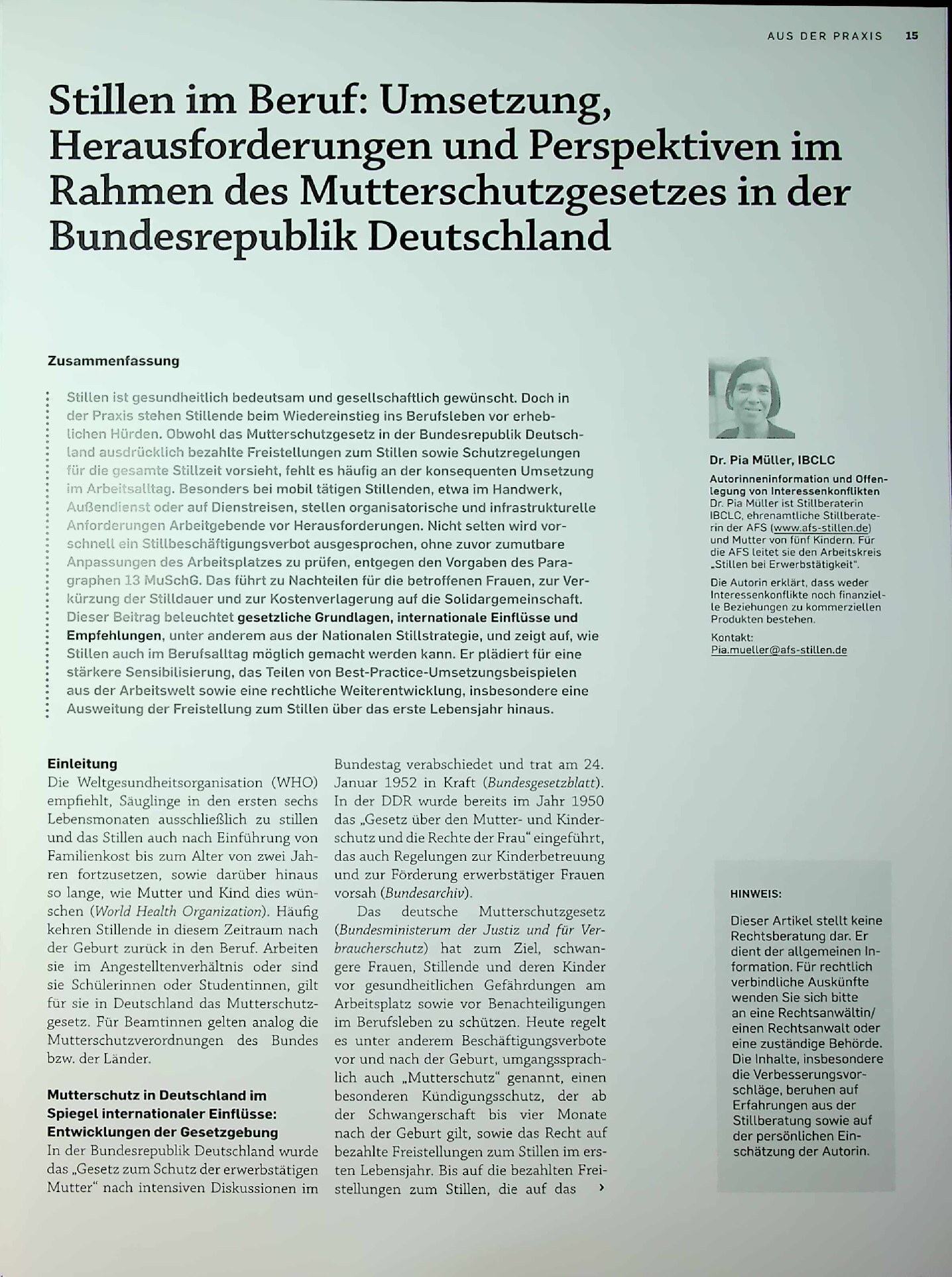 Vorschauseite 1: Stillen im Beruf: Umsetzung, Herausforderungen und Perspektiven im Rahmen des Mutterschutzgesetzes in der Bundesrepublik Deutschland