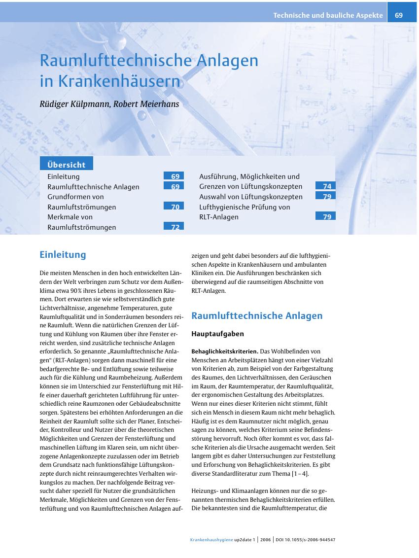 Vorschauseite 1: Raumlufttechnische Anlagen in Krankenhäusern