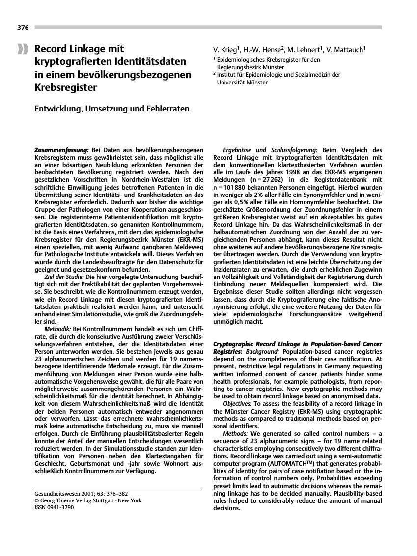 Vorschauseite 1: Record Linkage mit kryptografierten Identitätsdaten in einem bevölkerungsbezogenen Krebsregister