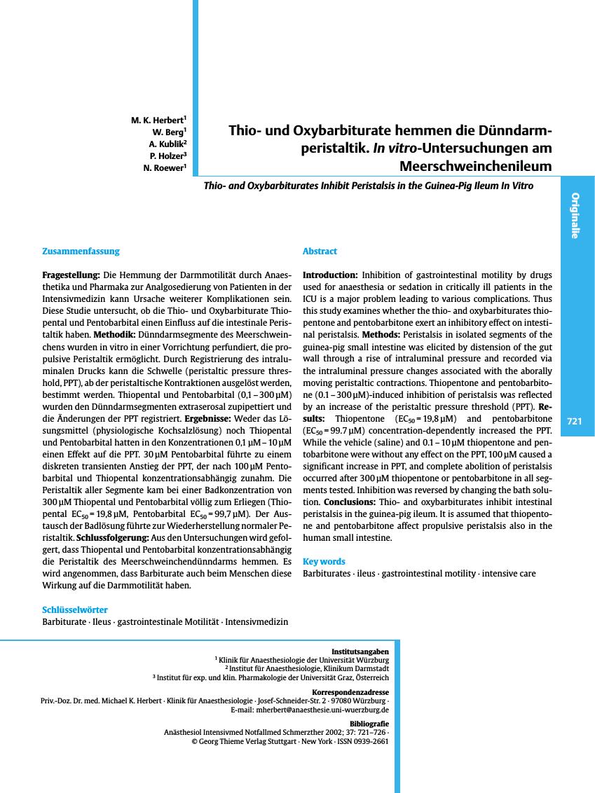 Vorschauseite 1: Thiound Oxybarbiturate hemmen die Dünndarmperistaltik. In vitro-Untersuchungen am Meerschweinchenileum