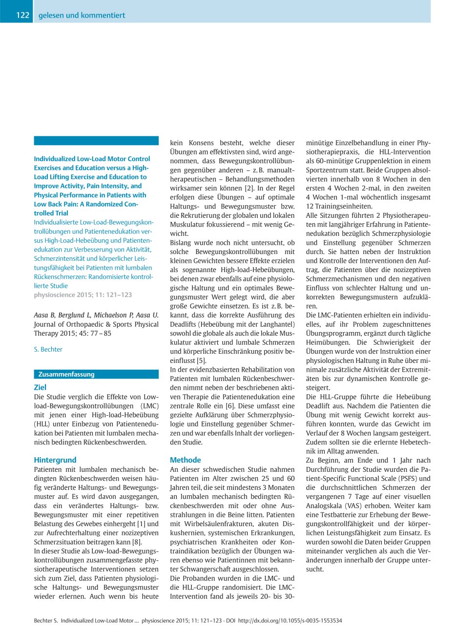 Vorschauseite 1: Individualized Low-Load Motor Control Exercises and Education versus a High-Load Lifting Exercise and Education to Improve Activity, Pain Intensity, and Physical Performance in Pa…