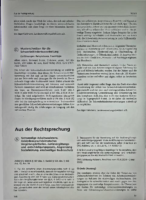 Vorschauseite 1: Aus der Rechtsprechung: Notwendige Arbeitsassistenz, Gebärdensprachdolmetscher, Vergütungskriterien, Justizvergütungsund -entschädigungsgesetz, Abgrenzung Sozialleistung, einstwei…