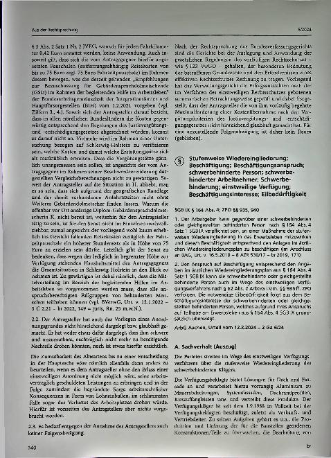 Vorschauseite 5: Aus der Rechtsprechung: Notwendige Arbeitsassistenz, Gebärdensprachdolmetscher, Vergütungskriterien, Justizvergütungsund -entschädigungsgesetz, Abgrenzung Sozialleistung, einstwei…