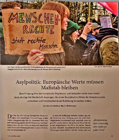 Vorschauseite 1: Asylpolitik: Europäische Werte müssen Maßstab bleiben