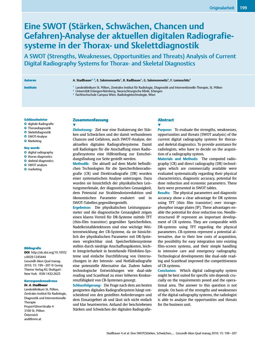 Vorschauseite 1: Eine SWOT (Stärken, Schwächen, Chancen und Gefahren)-Analyse der aktuellen digitalen Radiografiesysteme in der Thoraxund Skelettdiagnostik