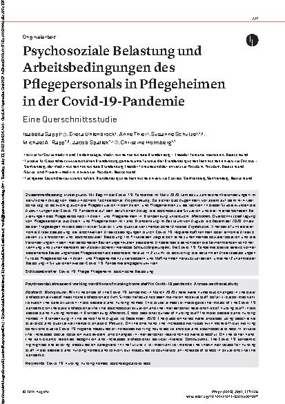 Vorschauseite 1: Psychosoziale Belastung und Arbeitsbedingungen des Pflegepersonals in Pflegeheimen in der Covid-19-Pandemie