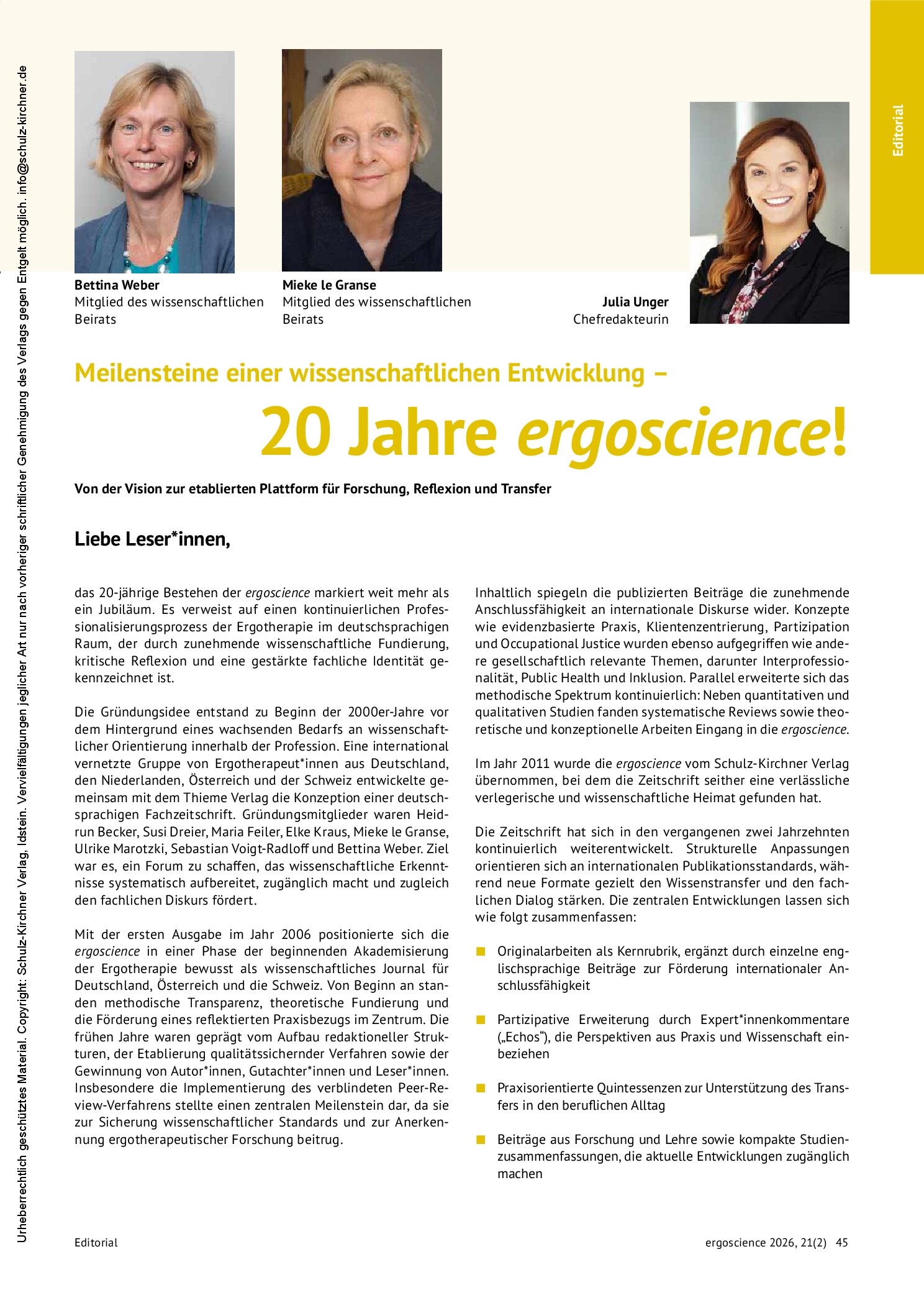 Vorschauseite 1: Meilensteine einer wissenschaftlichen Entwicklung – 20 Jahre ergoscience! Von der Vision zur etablierten Plattform für Forschung, Reflexion und Transfer