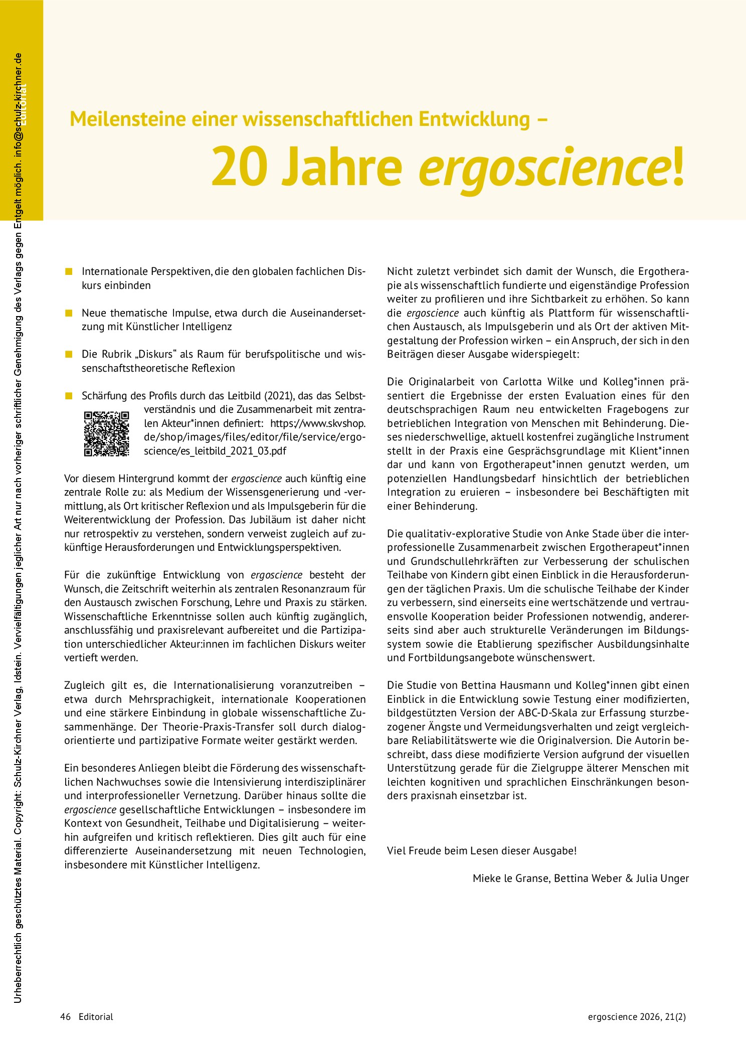 Vorschauseite 2: Meilensteine einer wissenschaftlichen Entwicklung – 20 Jahre ergoscience! Von der Vision zur etablierten Plattform für Forschung, Reflexion und Transfer