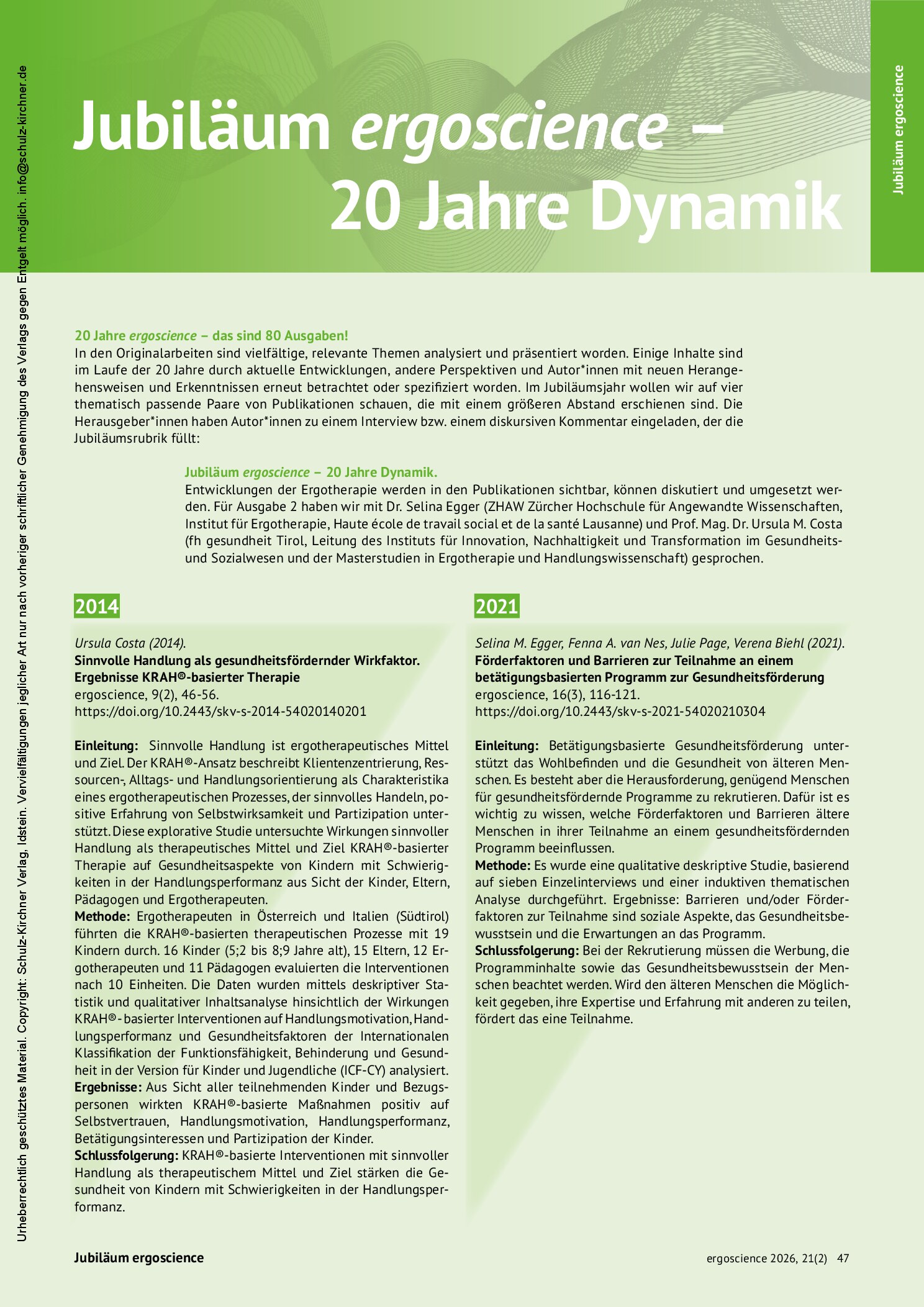Vorschauseite 3: Meilensteine einer wissenschaftlichen Entwicklung – 20 Jahre ergoscience! Von der Vision zur etablierten Plattform für Forschung, Reflexion und Transfer