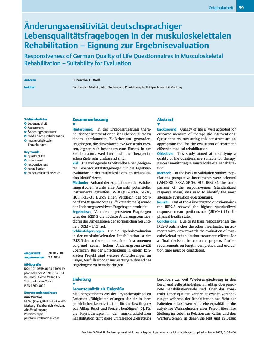 Vorschauseite 1: Änderungssensitivität deutschsprachiger Lebensqualitätsfragebogen in der muskuloskelettalen Rehabilitation – Eignung zur Ergebnisevaluation