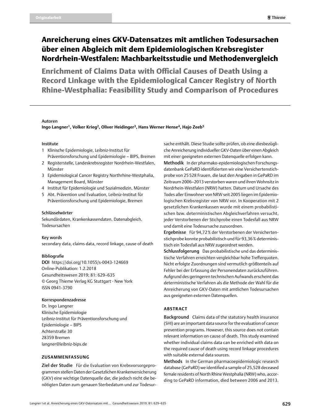 Vorschauseite 1: Anreicherung eines GKV-Datensatzes mit amtlichen Todesursachen über einen Abgleich mit dem Epidemiologischen Krebsregister Nordrhein-Westfalen: Machbarkeitsstudie und Methodenverg…
